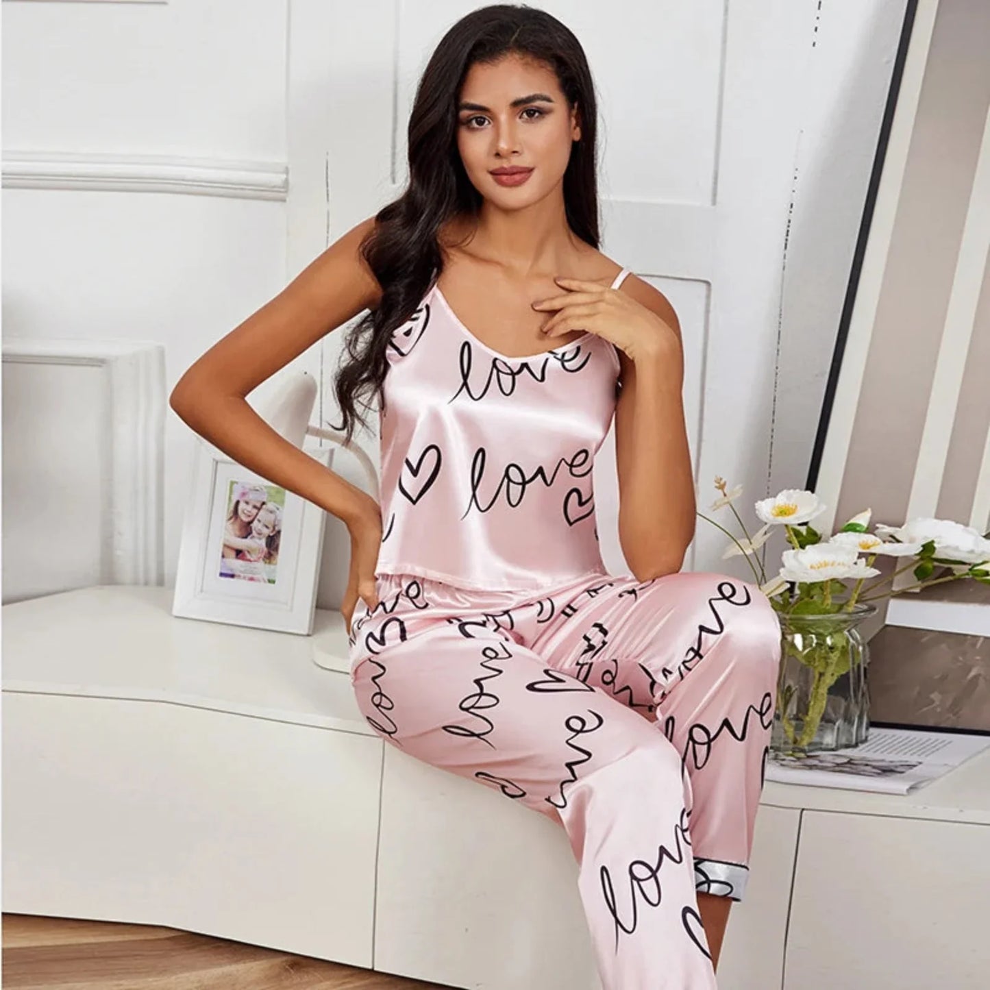 Chic Women's Pyjama Set: Stylish Love Letter Print Cami and Trousers